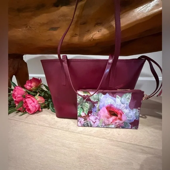 Ted Baker London Pink and Burgundy Floral Tote Bag Rose Gold Accents - Picture 8 of 16